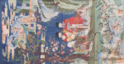 LARGE KESI SILK PANEL WITH THE THREE GODS OF FORTUNE