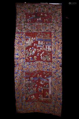 A LARGE CHINESE RED EMBROIDERED PANEL WITH ‘HUNDRED BOYS’