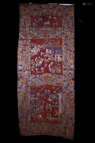 A LARGE CHINESE RED EMBROIDERED PANEL WITH ‘HUNDRED BOYS’