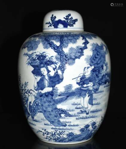 A BLUE AND WHITE ‘PEOPLE’ PORCELAIN JAR