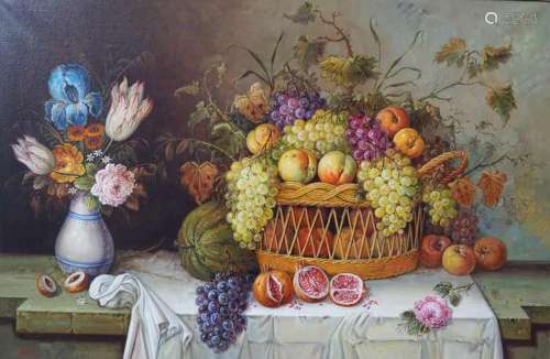 STILL LIFE WITH FRUIT BASKET AND TULIP BOUQUET ON STONE PLATE OIL ON
