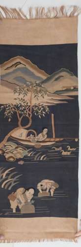 A CHINESE KESI SILK WITH BOAT AND CHILDREN