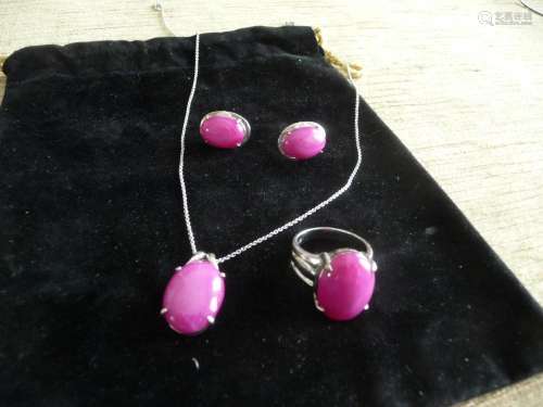 SOLID 14K WHITE GOLD AND PINK SAPPHIRE JEWELRY SET INCLUDING RING , NECKLACE, AND EARRINGS