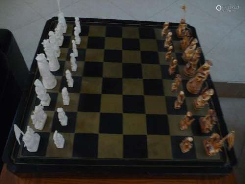 ANTIQUE CHINESE IVORY HANDCARVED CHESS SET W/ BOARD AND ORIGINAL BOX