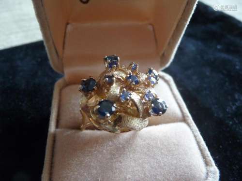 BLUE SAPPHIRE SOLID 14K GOLD CLUSTER COCKTAIL RING
