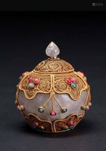 铜鎏金掐丝嵌宝石水晶盖罐