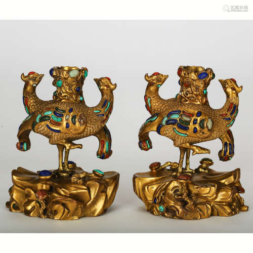 CHINESE GILT BRONZE CANDLE STANDS WITH INLAID