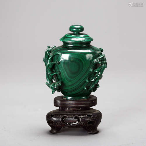 CHINESE MALACHITE CARVED CHILONG VASE