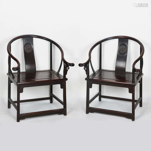 CHINESE HARDWOOD HORSE SHOE ARM CHAIR, PAIR