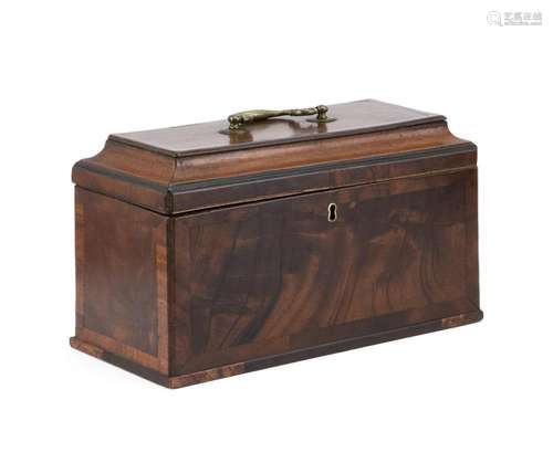 TEA CADDY In mahogany veneer with brass bail handle on lid. Compartmented interior. Height 6.25