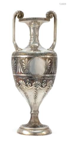 TIFFANY & CO. STERLING SILVER AND COPPER AMPHORA Central register and foot decorated with palmettes, vines and scrollwork against a...