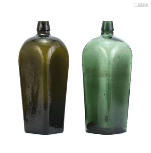 TWO BLOWN GLASS LIQUOR BOTTLES In green and amber. Both rectangular. Heights 10.5