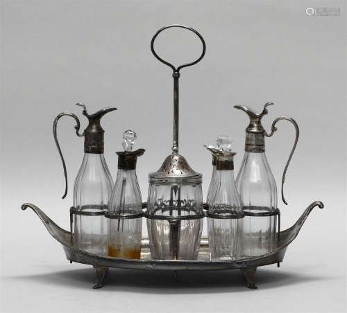 GEORGE III STERLING SILVER CRUET William Abdy II, maker. Ovoid stand with scrolled ends, central handle on reeded stem and four feet...