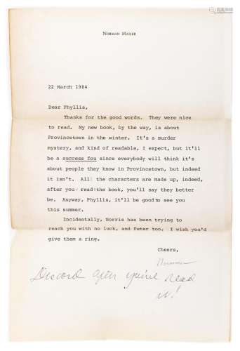 TYPED LETTER SIGNED NORMAN MAILER Typed on his letterhead. Dated 