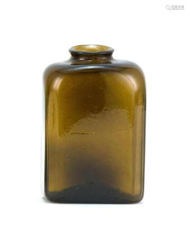 BLOWN-MOLDED GLASS STORAGE JAR Possibly Keene. In olive green. Rectangular form. Height 4.25