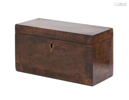 TEA CADDY In burlwood and rosewood veneer. Two interior lidded compartments. Height 4.75