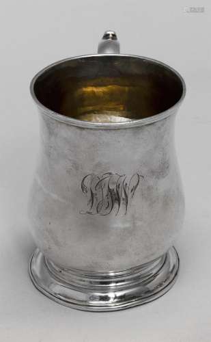 GEORGE II STERLING SILVER MUG Robert Albin Cox, maker. Half-pint size. Balustroid form with spreading molded foot and scrolled handl...