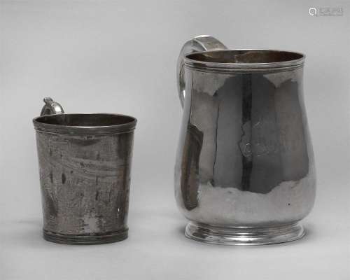 TWO AMERICAN COIN SILVER MUGS 1) 18th Century balustroid-form mug. Later monogram. Rubbed marks. Height 4.75