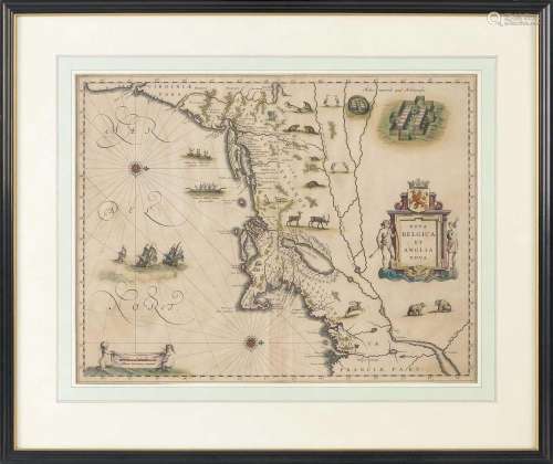 RARE EARLY HAND-COLORED ENGRAVED MAP OF NEW ENGLAND AFTER WILLEM JANSZOON BLAEU Amsterdam, Circa 1638. McCorkle 635.1; Burden 241. 1...