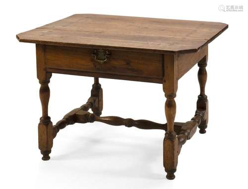 PENNSYLVANIA TAVERN TABLE In walnut. Multi-board rectangular top with cut corners. Single drawer in apron. Bold turned legs and stre...