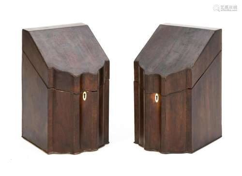 PAIR OF HEPPLEWHITE KNIFE BOXES In mahogany with slanted hinged covers and blocked stepped bases. Interior knife partitions with str...