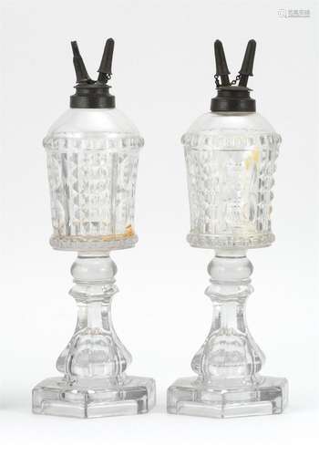 PAIR OF GLASS WAFFLE PATTERN WHALE OIL LAMPS Attributed to Sandwich Glass Company. Heights 12