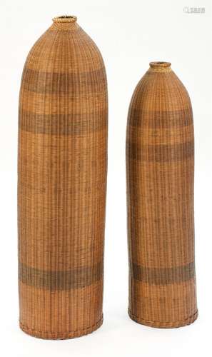 TWO WICKER FISH TRAPS In bottle form. Heights 39.5