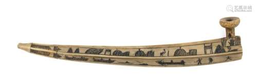 RARE EARLY ESKIMO CARVED AND ENGRAVED WALRUS IVORY SMOKING PIPE Length of pipe with four flat faces, each engraved with scenes of Es...