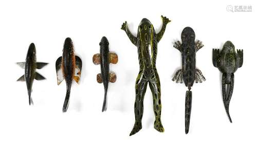 SIX FISH AND FROG CARVINGS Makers unknown. Includes three fish and three frogs. Lengths from 6.5