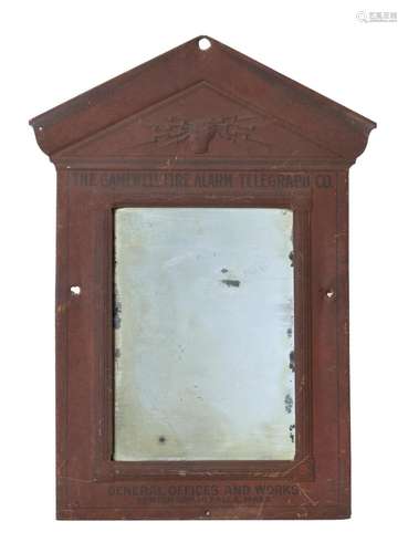 GAMEWELL FIRE ALARM TELEGRAPH CO. ADVERTISING MIRROR Tin frame painted red and with an embossed clenched fist at top. 