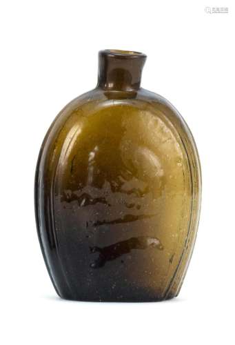 HISTORICAL BLOWN-MOLDED GLASS FLASK In olive amber. Molded portraits of Washington and Jackson. Height 5.5