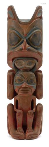 HAIDA CARVED CEDAR HOUSE POST Beautifully carved and painted red, blue and black. Height 30