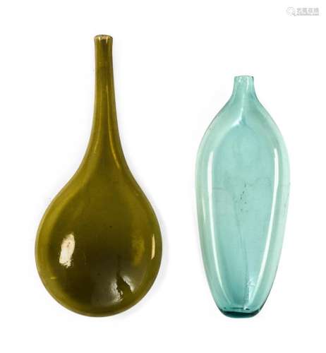 TWO BLOWN-MOLDED BLADDER-FORM GLASS BOTTLES One in light green and one in olive. Heights 8.5