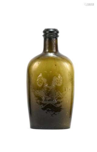 WESTFORD BLOWN-MOLDED GLASS FLASK In amber. Obverse with molded wheat and tool decoration. Reverse with molded text 