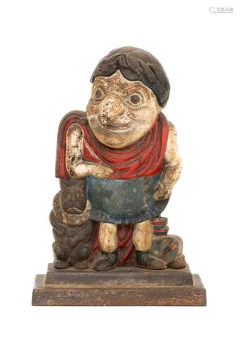 CAST IRON PUNCH DRESSED AS CAESAR DOORSTOP Standing Punch with a dog to his right on a stepped base. Original polychrome paint shows...