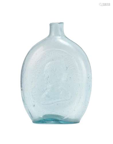 HISTORICAL BLOWN-MOLDED GLASS FLASK In light blue. Obverse with molded 