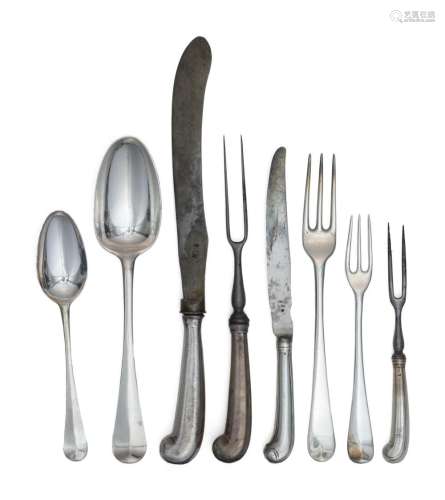STERLING SILVER ASSEMBLED FIDDLE PATTERN FLATWARE SERVICE Various dates, makers, designs, heraldic engravings and monograms. Consist...