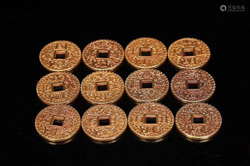 17-19TH CENTURY, 12 GILT BRONZE COINS, QING DYNASTY