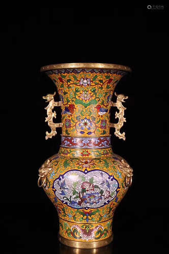 17-19TH CENTURY, A CLOISONNE DRAGON DESIGN DOUBLE-EAR VASE, QING DYNASTY