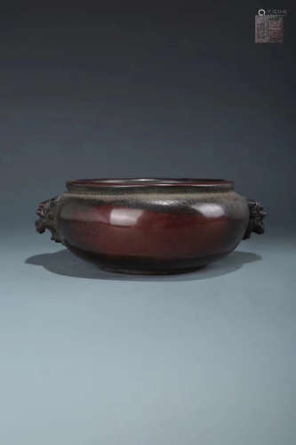 14-16TH CENTURY, A BRONZE DOUBLE-EAR EARTHEN BOWL, MING DYNASTY