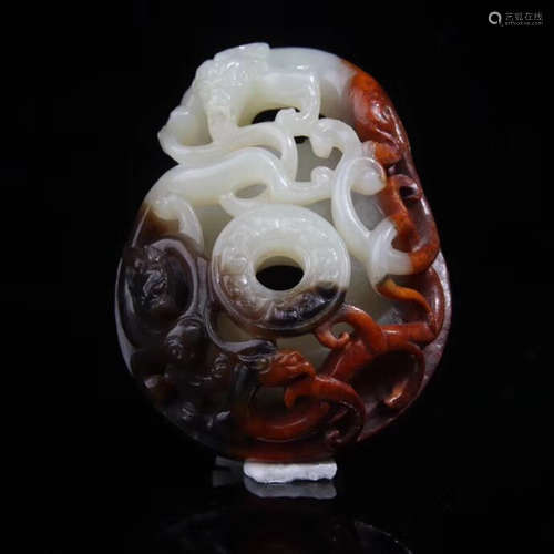 A DRAGON&PHOENIX PATTERN RELIEF OLD HETIAN JADE PENDANT/HAND PIECE