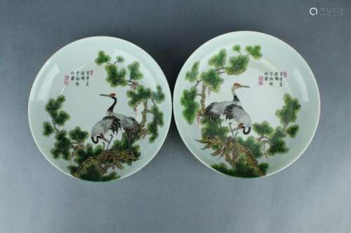 Pair Qing Famille Rose Crane Plate YongZheng Mark