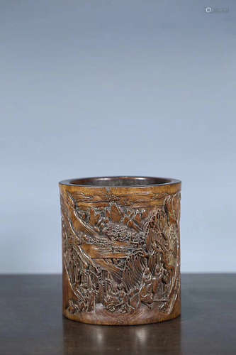 17-19TH CENTURY, A HAINAN PEAR WOOD LANDSCAPE DESIGN CARVING BRUSH POT, QING DYNASTY