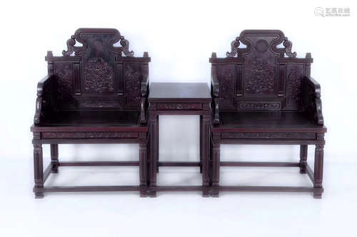 A PAIR OF MING DYNASTY STYLE ROSEWOOD CHAIRS WITH A TEA TABLE