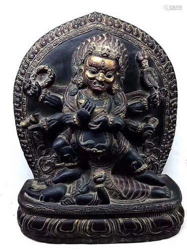 17-19TH CENTURY, A TIBETAN MAHAKALA DESIGN BLACK STONE FIGURE, QING DYNASTY