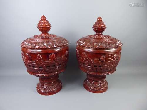 A Pair of Oriental-Style Lacquered Wood Jardinieres and Covers