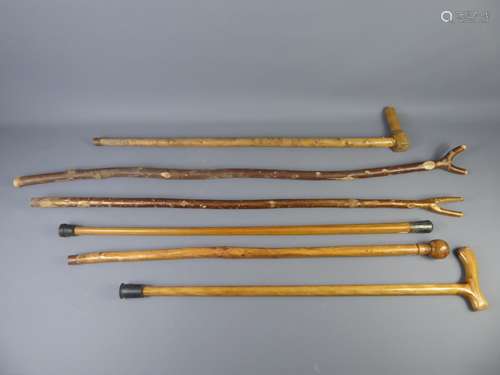 Five Miscellaneous Wood-Carved Walking Sticks.