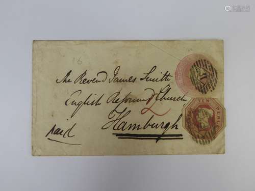 GB 1853 10d Embossed Uprating 1d Pink Envelope to Reverend James Smith in Hamburg.