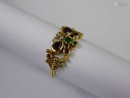 An 18ct Yellow Gold Garnet, Emerald and Diamond Bespoke Butterfly Ring