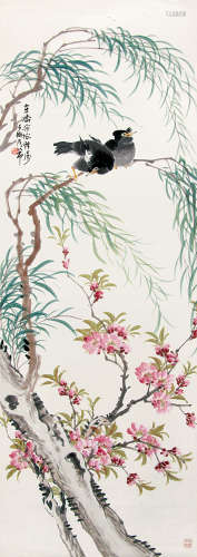 吴芾 （1880-1950） 桃花八哥 水墨纸本镜框